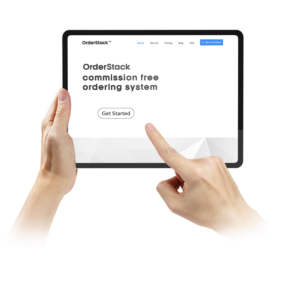 a person holding a tablet with OrderStack home page opened